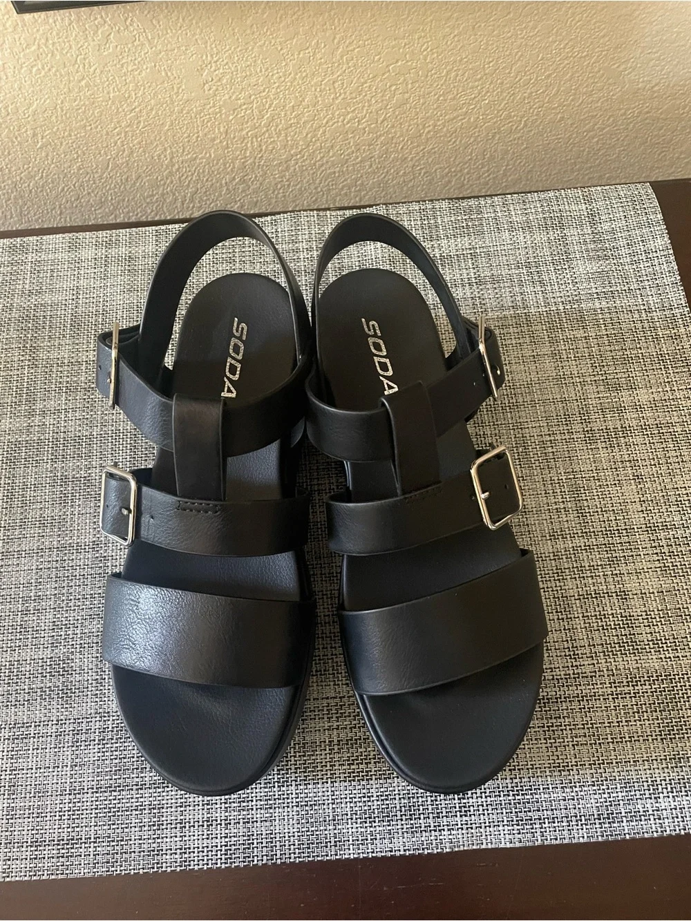 Soda Black Triple-Strap Buckle Slingback Sandals